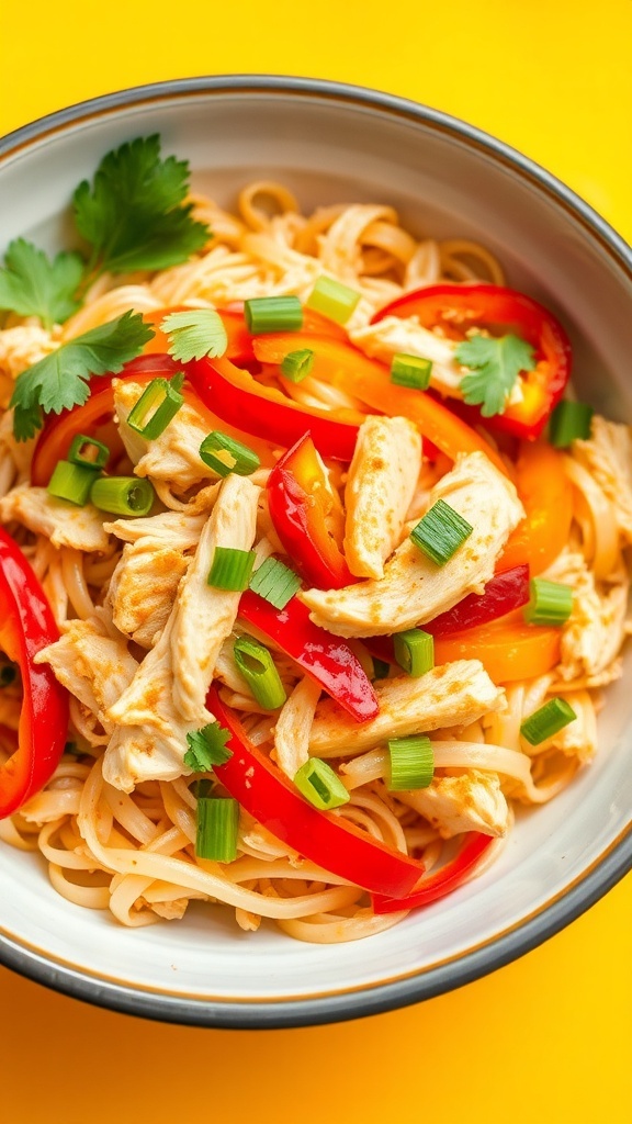 A colorful crispy chicken noodle salad with shredded chicken, bell peppers, carrots, and crispy noodles, garnished with cilantro.